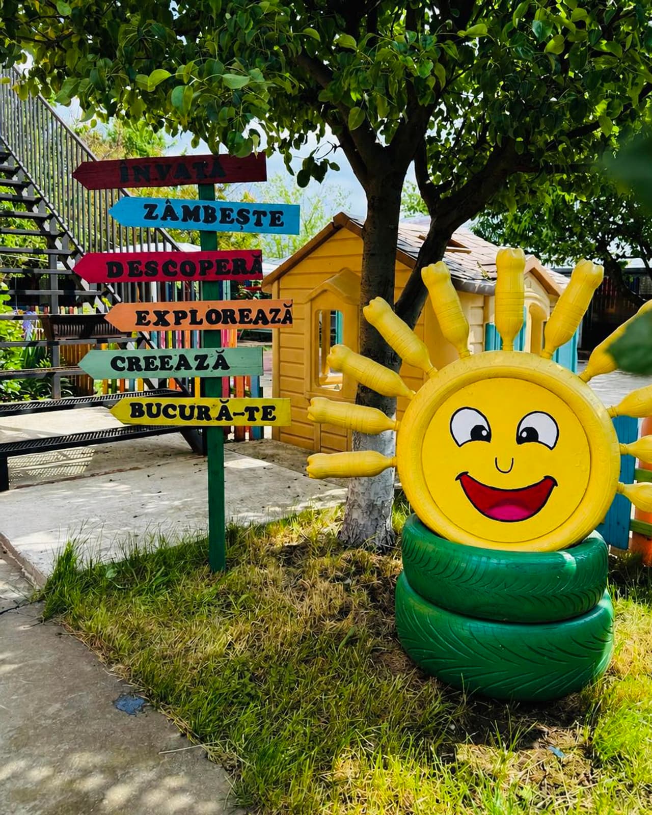 Stâlpul indicator din curtea grădiniței, cu săgeți de lemn pictate pe care scrie Învață, Zâmbește, Descoperă, Explorează, Creează și Bucură-te
